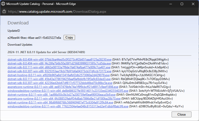 Microsoft Updateカタログに含まれるパッケージの例