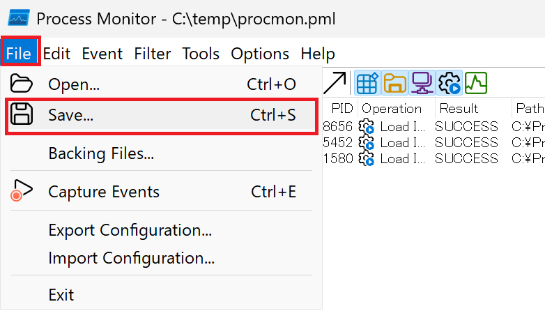 Process Monitorによる監視結果の保存