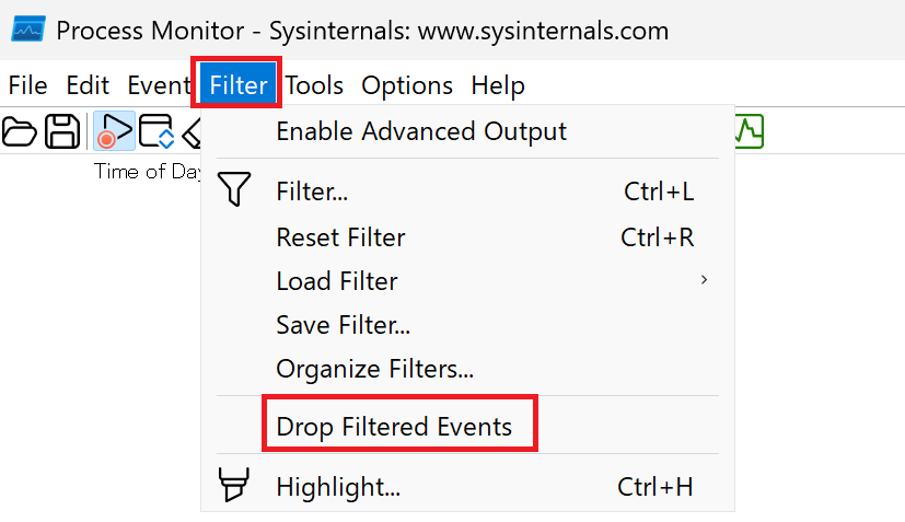 Drop Filtered Eventsメニューの選択