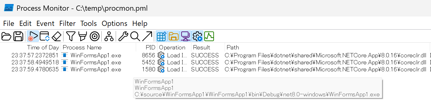 Process Monitorによる監視開始時の例