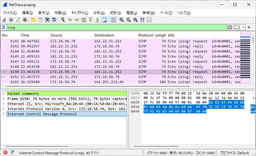 Wiresharkのパケット解析の様子